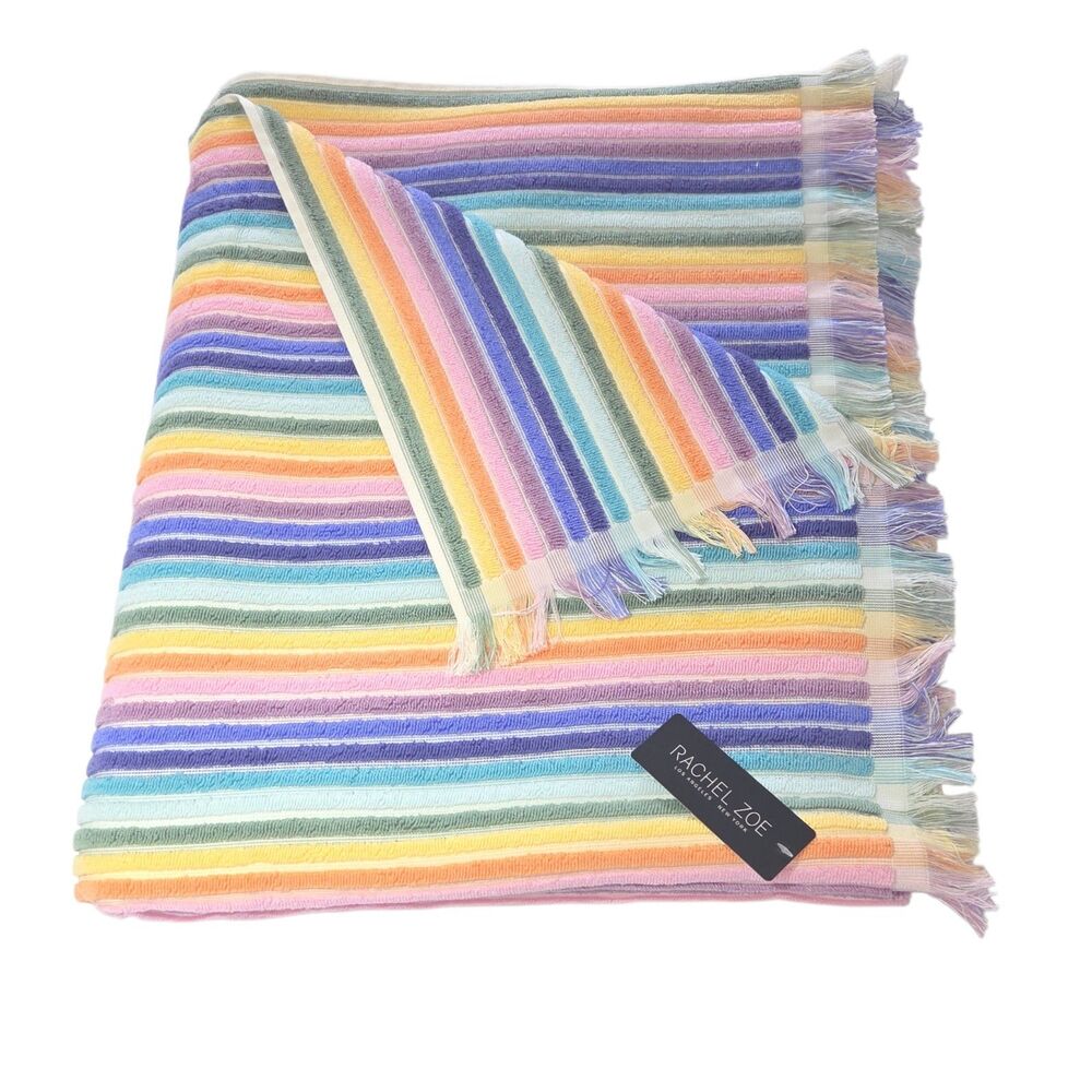 Rachel Zoe Rainbow Striped Fringe Cotton Beach Towel Set 70x40 Quick Dry Spring - Picture 4 of 6